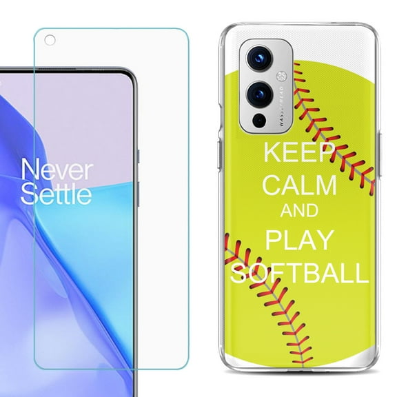 Slim-Fit TPU Phone Case Compatible with OnePlus 9 5G, with Tempered Glass Screen Protector, by OneToughShield ® - Keep Calm Softball