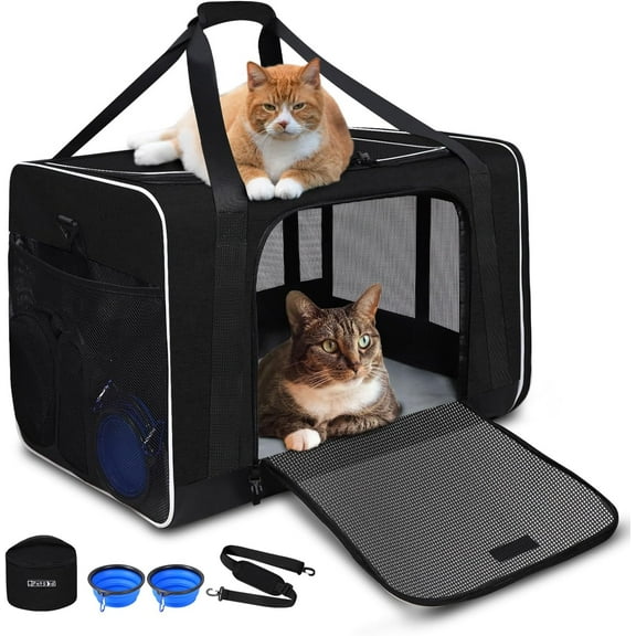 Extra Large Pet Carrier 24"x17"x17" for Large Cat or Medium Dog, Collapsible Soft Sided Dog cat Carrier for Long Trips with Lockable Safety Zippers(Black)