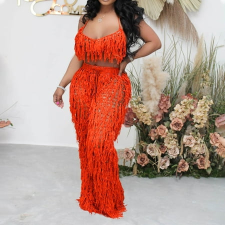 Riforla Women s Fashion Casual Hand Crochet Tassel Matching Beach Two Piece Set Spaghetti Strap Crop Top and Knitted Wide Leg Pants Sexy Tracksuit Pants Sets Orange XXL