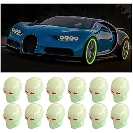 0829 12PCS Fluorescent Skull Tire Valve Stem Caps, Luminous Auto Wheel Air Valve Cap, Illuminated Glow in The Dark Corrosion Resistant, Car Accessories for Truck, SUV, Motorcycle, Car (Skull Green)