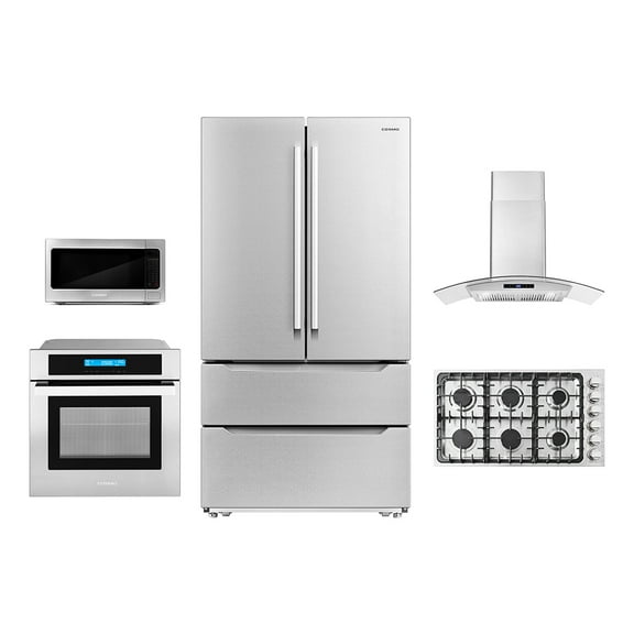 Cosmo 5 Piece Kitchen Package With 30" Gas Cooktop 30" Single Electric Wall Oven 24.4" Countertop Microwave French Door Refrigerator & 24" Built-in Fully Integrated Dishwasher