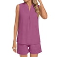 thumbnail image 5 of YueHuiYing Women's Fashion Solid Color Loose V-Neck Sleeveless Top & Pocket Shorts Set Casual Summer Two Piece Outfit with Pockets, 5 of 5