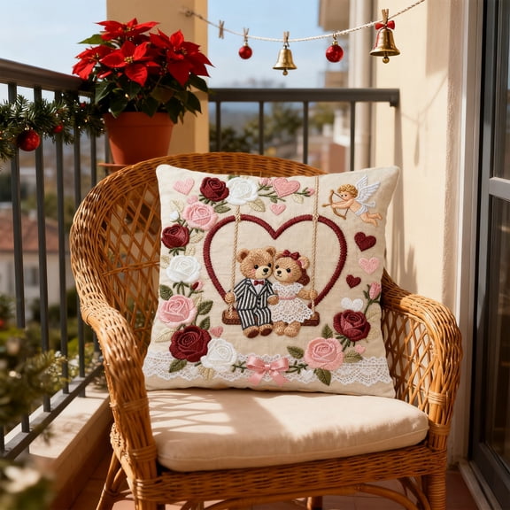 Cupid and Bear Couple Pillowcase Romantic Valentine's Day Pillowcases Cute Animal Pillowcase Valentine's Day Decorations 17.71 X 17.71 Inches