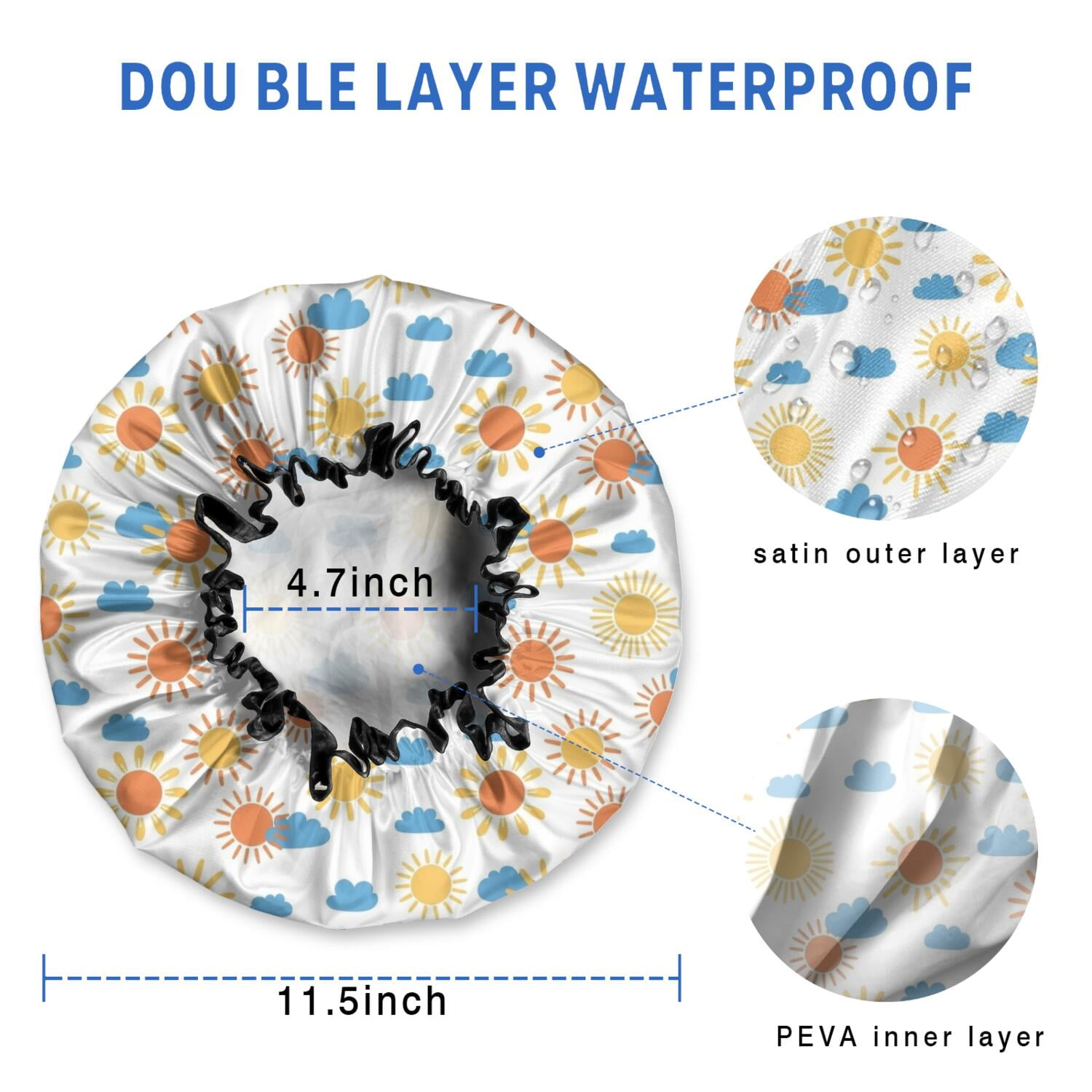 Shower Caps,White Sun Cloud Pattern Waterproof Shower Cap for Women 4 Pieces,Double Reusable Hair Cover for Shower PEVA Elastic Stretch Hem