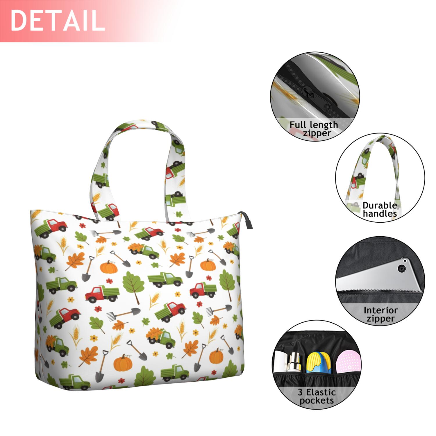 Cartoon Tractors Trucks White Pattern Travel Tote Bags for Women Carry On,Large Weekender Bags for Women Travel,Multi Functional Duffle Bag for Work,Shopping,Sports