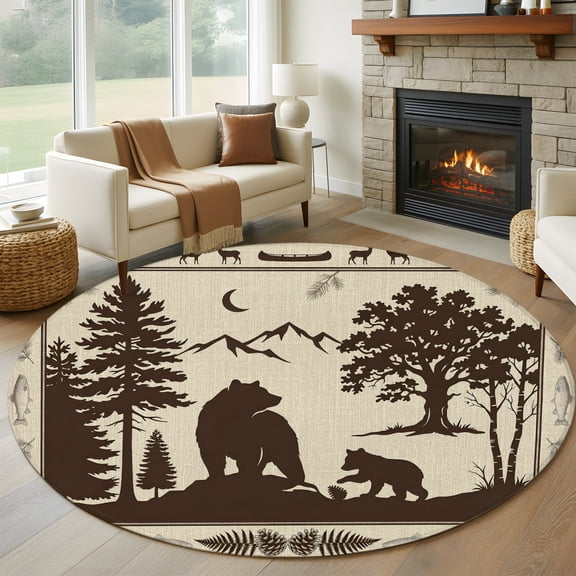 Vintage Black Silhouettes Round Area Rug 5ft, Retro Mountain Trees Washable Non-Slip Circle Rugs for Bedroom Living Room Kitchen, Soft Low Pile Carpet for Dining Room Playroom Nursery