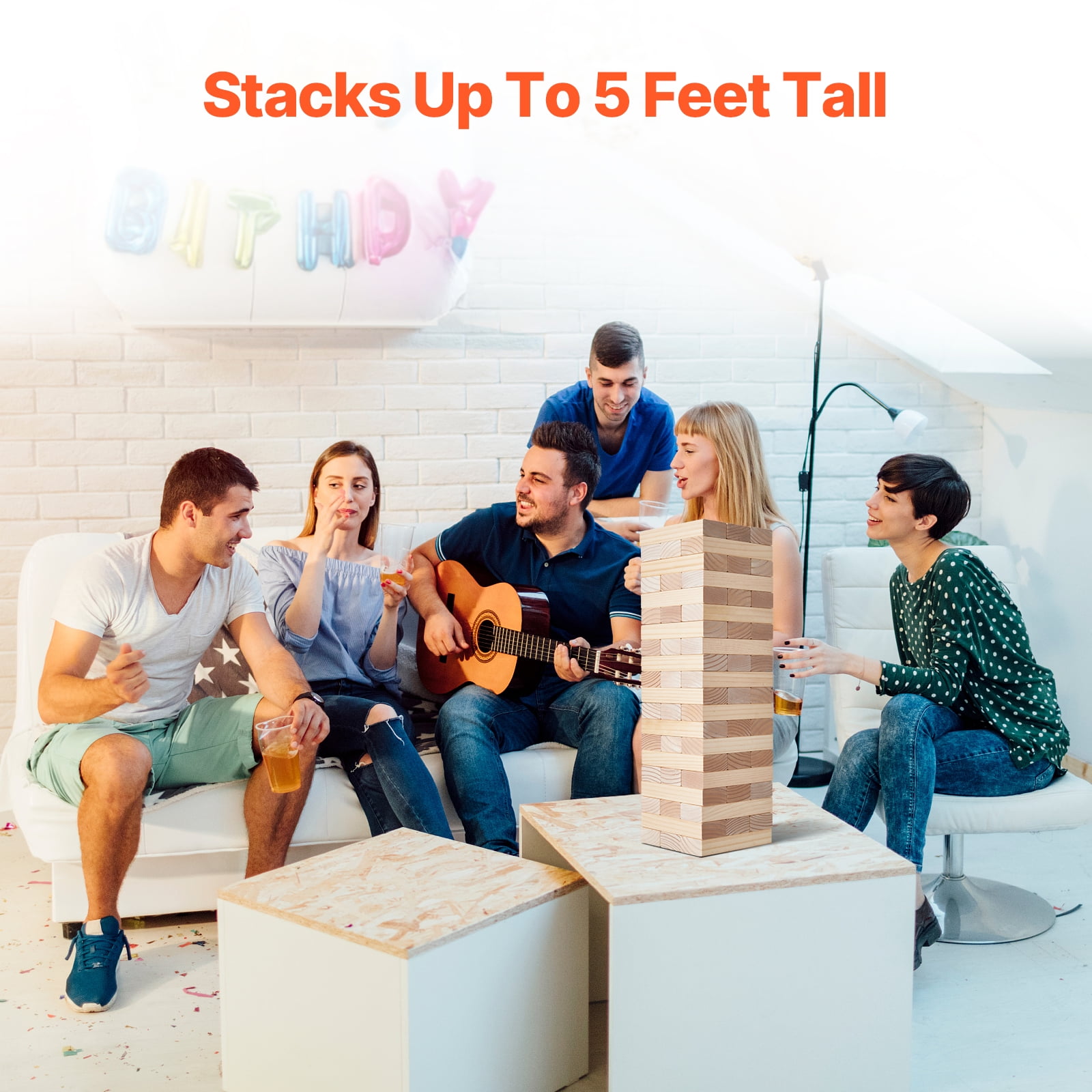 KFFKFF Outdoor Game Giant Tumble Tower, Set of 60 Giant Tower Blocks, Crafted from Pine Wood, Comes with Portable Bag and Scoring Board, Wooden Pile-Up Game, Ideal for Family Fun Indoors/Outdoors