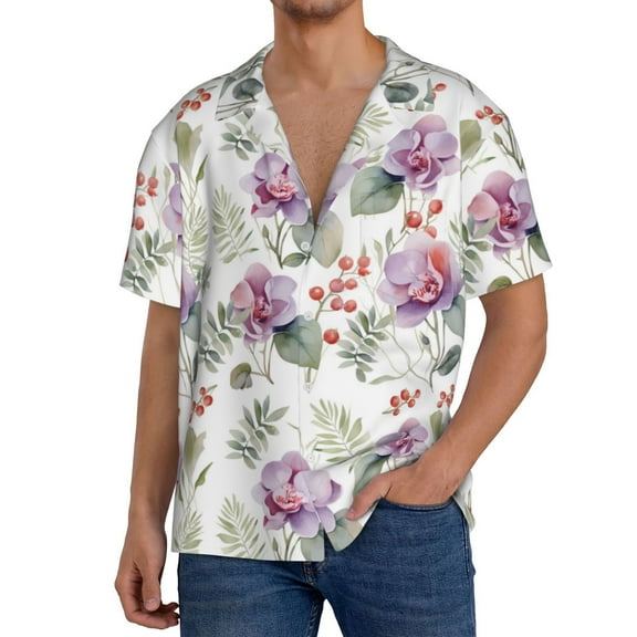 Hirioo Orchids Flowers for Men's Cuban Collar Short Sleeve Shirt Button Down Shirt Beach Summer Shirts Wedding Vacation Shirts-Medium