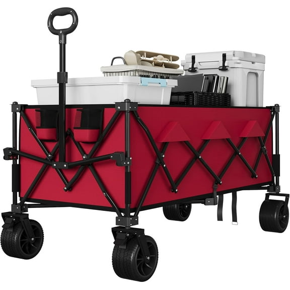 Collapsible Utility Wagon Cart with All Terrain Wheels, Heavy Duty Foldable Beach Wagon, 460 Lb Capacity, 350 L, Portable Shopping Cart for Groceries Sand Camping, Red