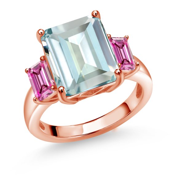 Gem Stone King 18K Rose Gold Plated Silver 3-Stone Ring Octagon Sky Blue Simulated Aquamarine and Vivid Pink Moissanite (6.55 Cttw, Size 7)