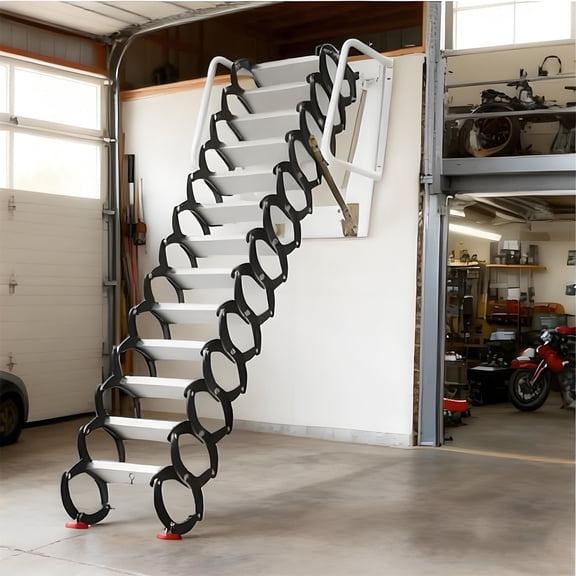 Stainless Steel Wall-Mounted Attic Ladder, Up to 1200 lbs Pull Down Attic Stairs, 12 Steps Foldable Storage Staircase with Handrails, with Pull Rod & Grab Bars, For Home, White