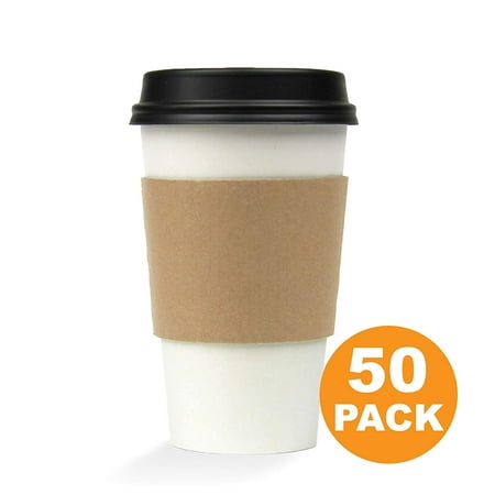 16 OZ Hot Beverage Disposable Paper Coffee Cup with Lid and Sleeve Combo, White Black Kraft, Medium Grande [50 (Best Thermal Cup To Keep Coffee Hot)
