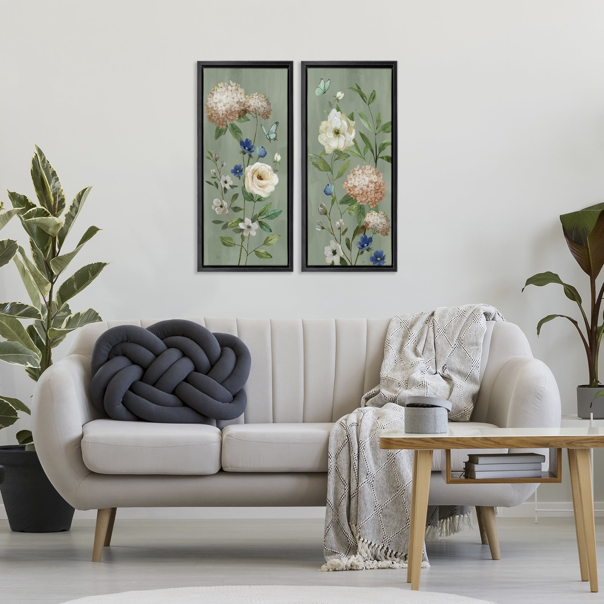 Stupell Industries Mint Hydrangeas & Roses 2 Piece Black Framed Floater Canvas Set, design by Nan