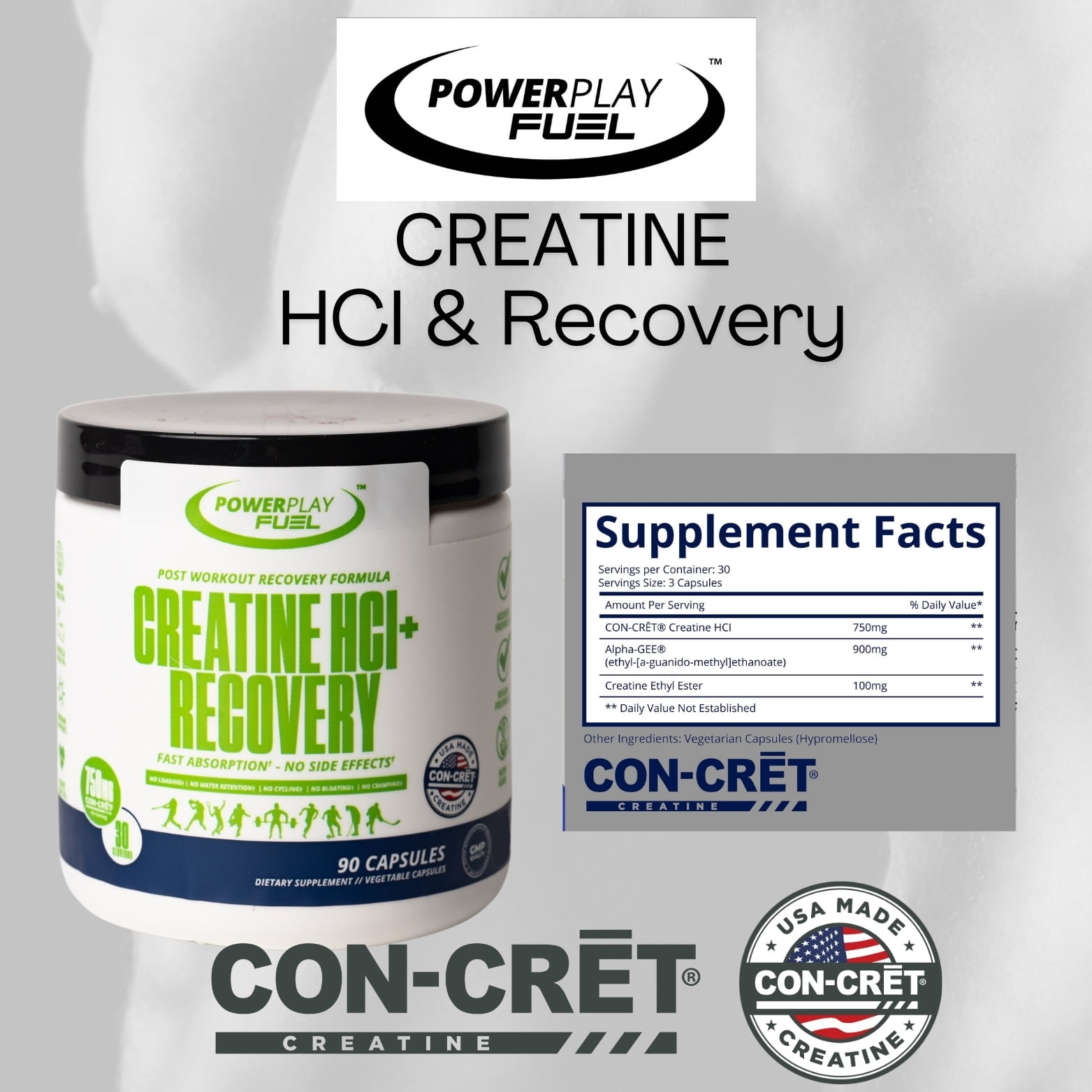 POWER PLAY FUEL CON-CRĒT® Creatine HCl Recovery Capsules, 90 Capsules