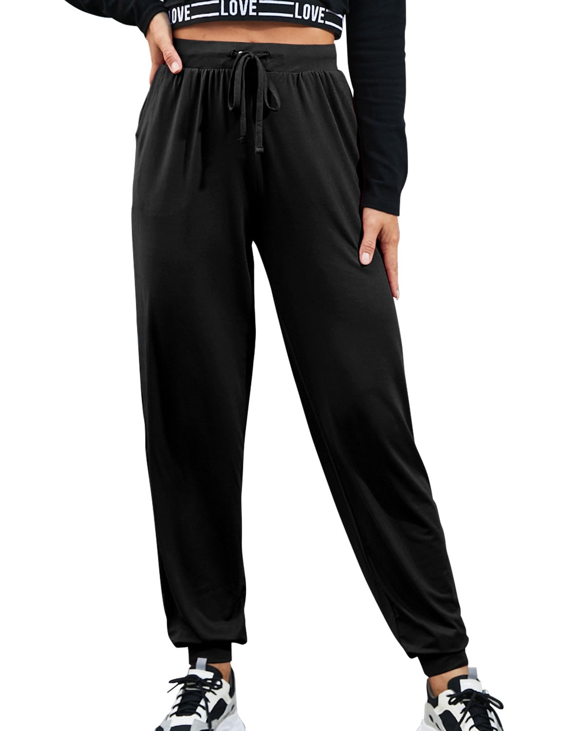 Doublju Women's Basic Comfy Drawstring Jogger Style Yoga Pajama Pants ...