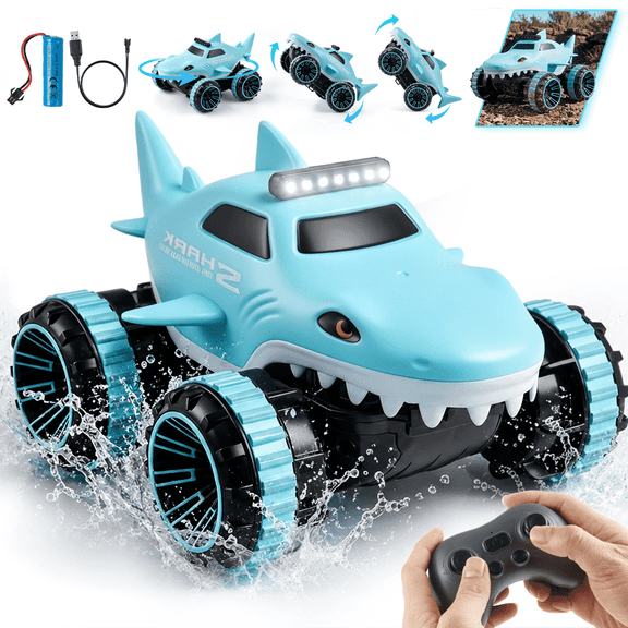 Zacro Amphibious RC Shark Car for Kids, Waterproof 2.4GHz Remote Control Stunt Car, 360° Flips All Terrain Toy Truck with LED Lights, Pool & Land Racing Toy Age 3