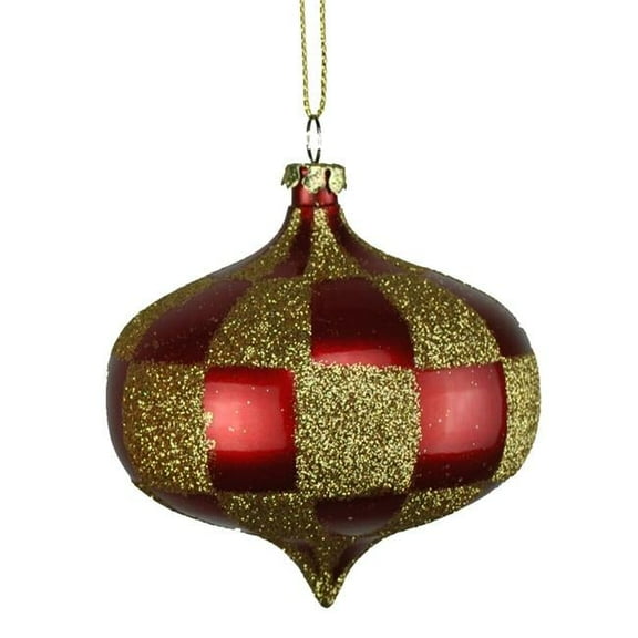 4 Pack of Red and Gold Checkered Onion Ornaments with Glitter Enhancements