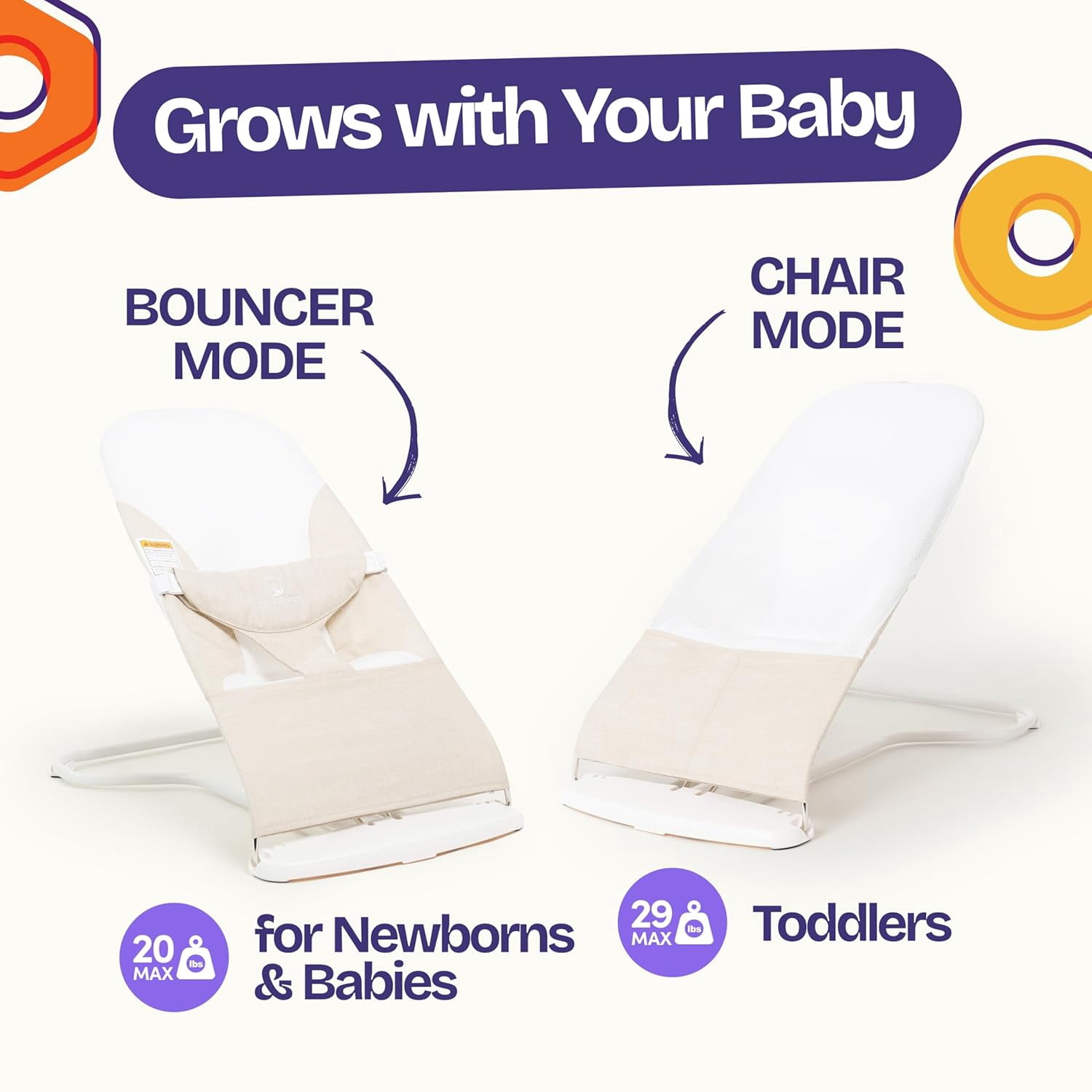ComfyBumpy Ergonomic Baby Bouncer Seat - Portable Bouncing Chair with Adjustable Height-Oatmeal