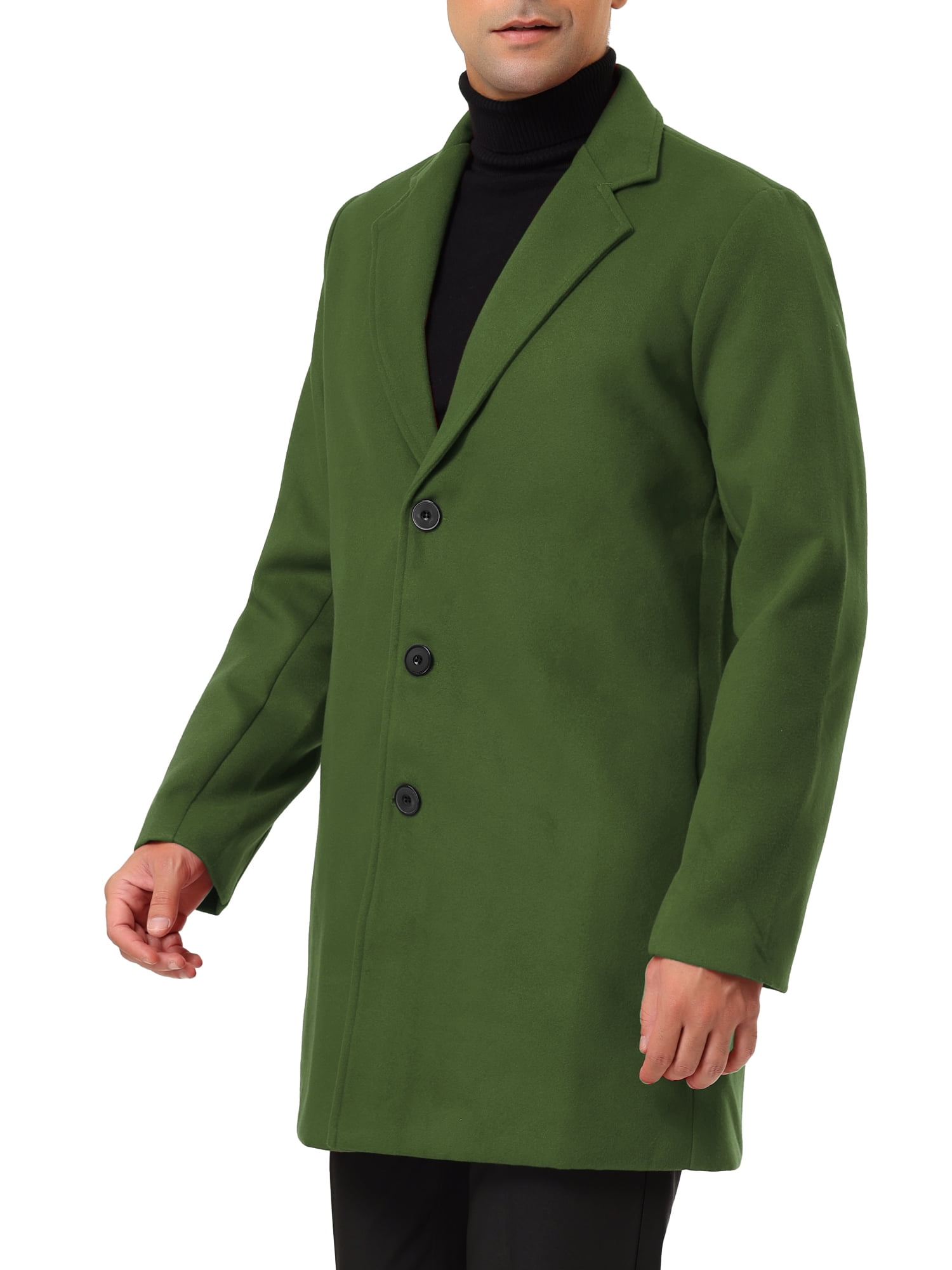 Unique Bargains Men's Slim Fit Notched Lapel Single Breasted Mid Length Overcoat M Green