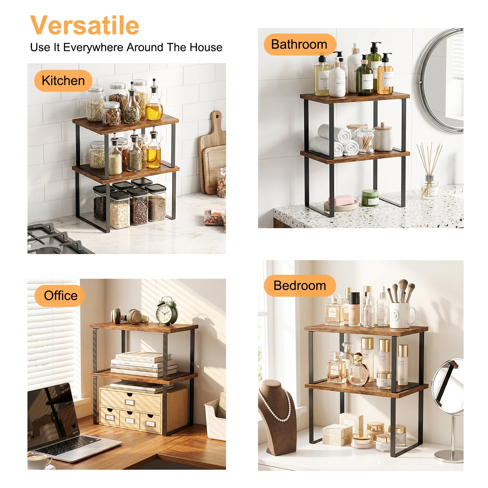 Yoneston 2 Pack Cabinet Organizers Shelf, Spice Rack, Stackable and Expandable Kitchen Counter Shelves, Brown