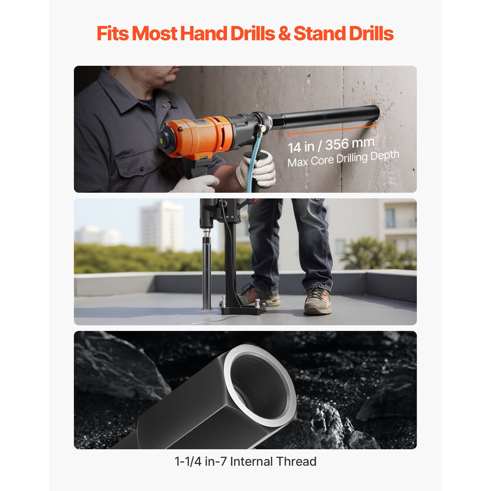 KFFKFF Set of 6 Diamond Core Drill Bits, Diameters: 1/2/3/4/5/6 inches, 14-inch Drilling Depth, 1-1/4 in-7 Internal Thread, Designed for Wet Drilling in Reinforced Concrete, Brick