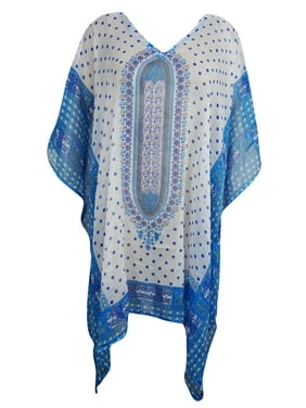 Mogul Lightweight Caftan Dress Blue White Dashiki Print Kimono Sleeves Beach Cover Up Resort Wear ONE SIZE