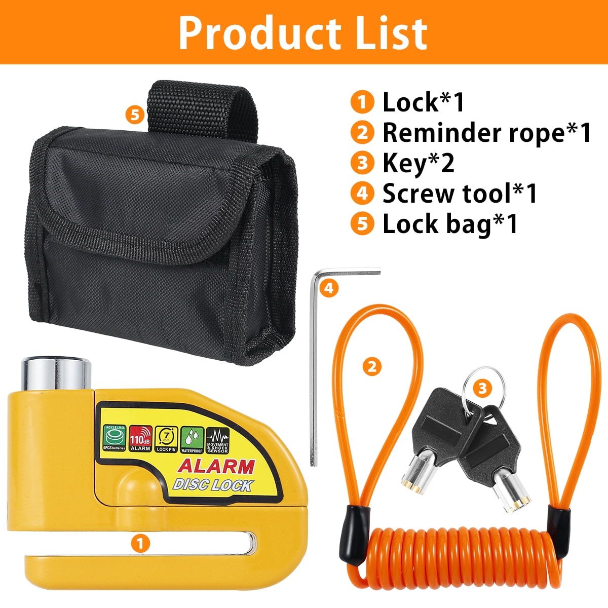 Motorcycle Alarm Disc Brake Lock Anti-theft Motorbike Alarm Padlock 110dB Alarm Sound Security Wheel Disc Lock with Reminder Cable for Motorcycles Bicycles Bikes