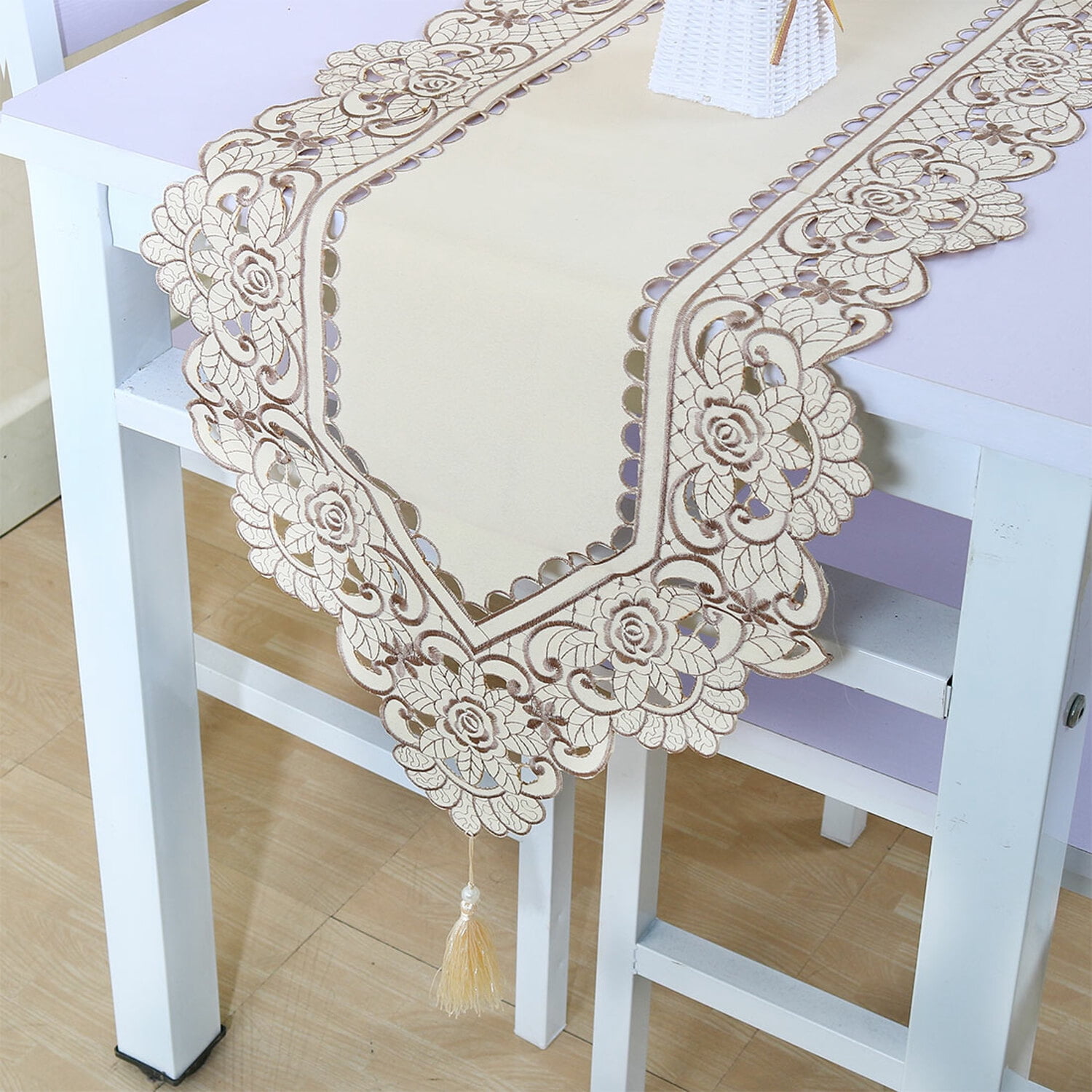 Unique Bargains Vintage Flower Embroidery Tassel Table Runner Light Beige 16"x59"