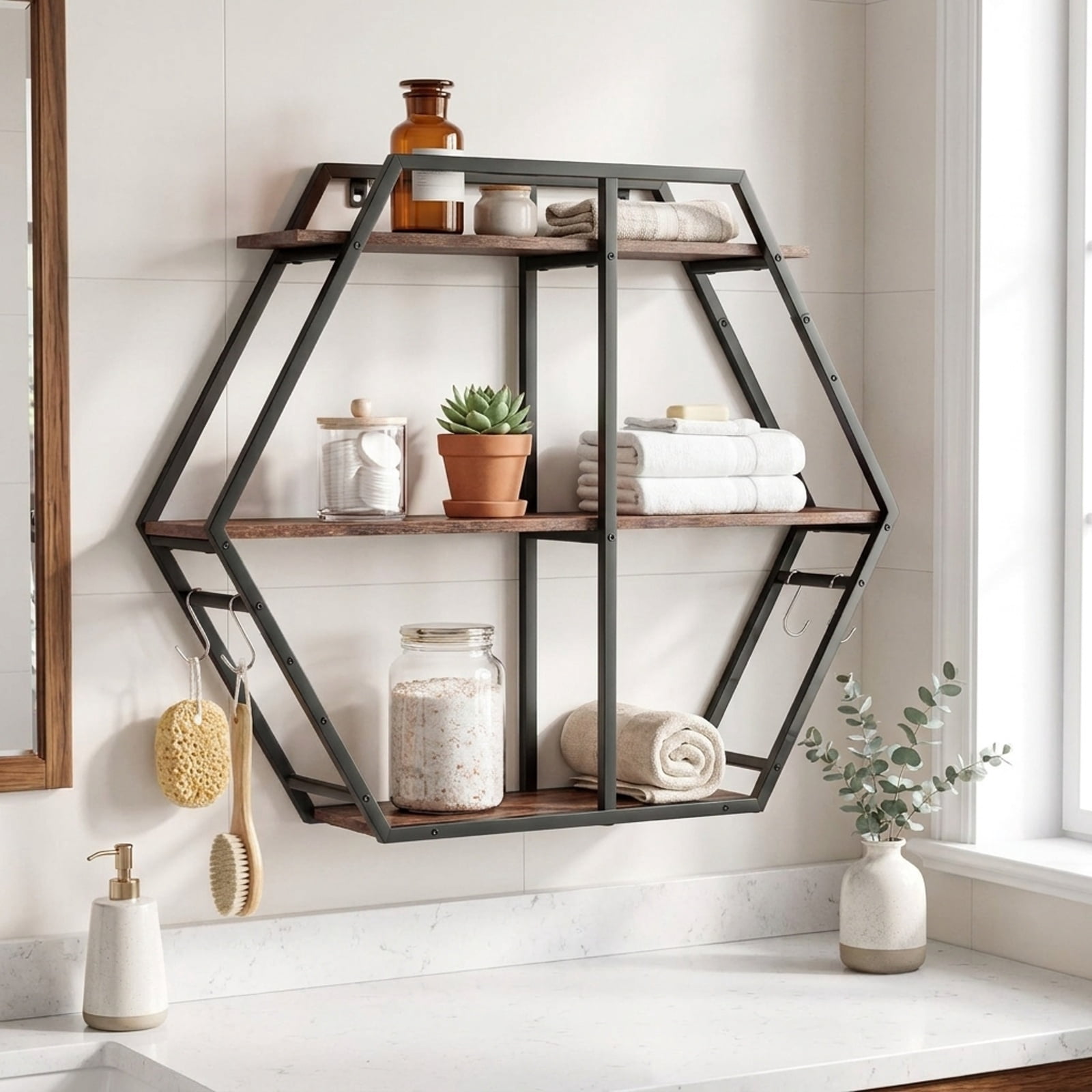 Furnibear 3-Tier Geometric Bookcase with S-Shaped Hooks for Living Room for Living Room Home Office Bedroom Display Storage Shelf, Rustic Brown