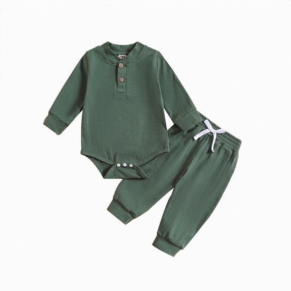 Newborn Baby Boy Fall Outfit Romper Long Sleeve Solid Jumpsuit Bodysuit Elastic Waist Pants Infant Clothes