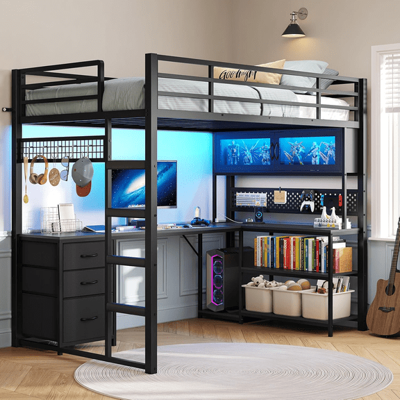 Twin Loft Bed with Desk and Charging Station Twin Size Metal Bed Frame with LED Lights Metal Platform Bed with L-Shaped Desk,Hutch,Storage Drawers,13.4" Safety Guardrail, Black