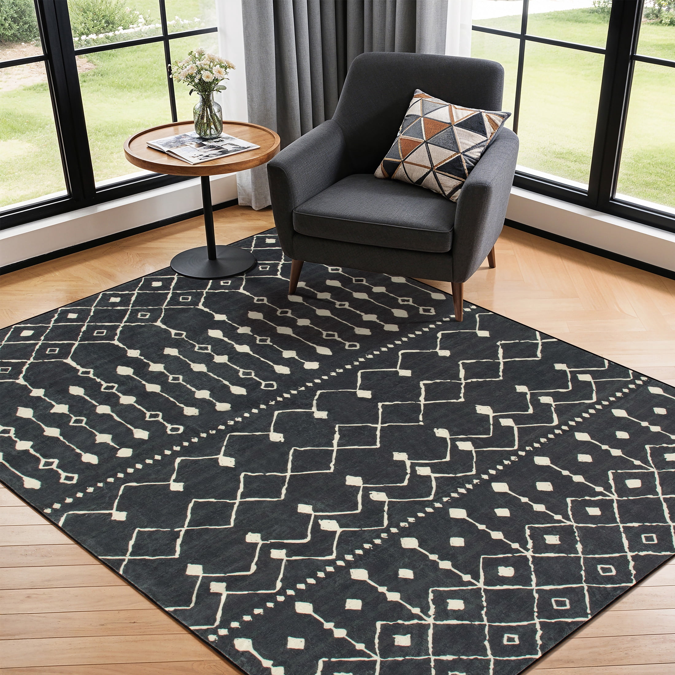 SONORO KATE 5'×7' Washable Area Rug for Living Room, Moroccan Non-Slip Soft Carpet for Bedroom Dining Room Office, Carbonblack