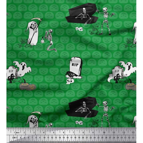 Soimoi Green Cotton Voile Fabric Pumpkin & Skull Halloween Printed Craft Fabric by the Yard 42 Inch Wide