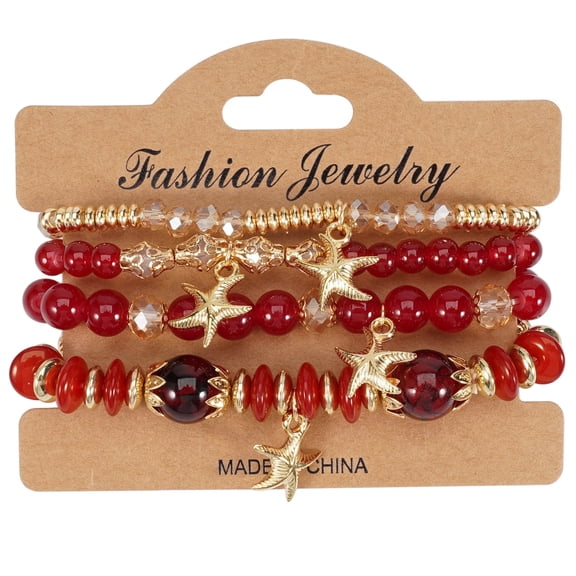 Stackable Crystal Beaded Bracelets for Women Boho Multi Layer Stretch Bracelets Natural Stone Bead Bracelet with Starfish Charm-Red 7.1Inch - Set of 4
