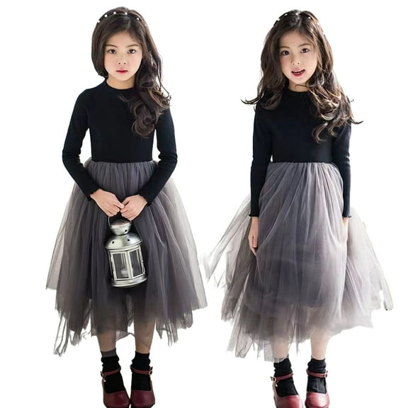 Esaierr Kids Baby Girls Long-Sleeve Dresses Little Big Girls Spring Fall Pullover Mesh Dress Casual Cute Princess Dress A-line Tunic Dress Black Fluffy Tulle Tutu Dress,Size 3-12T