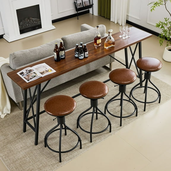 Ktaxon Mid-Century Modern 84" Bar Table and Chairs Set for 4~6, Pub Set for 4 with PU Padded Barstools Swivel Stool Dining Table Set, Modern Dining Set for 4, Retro Brown