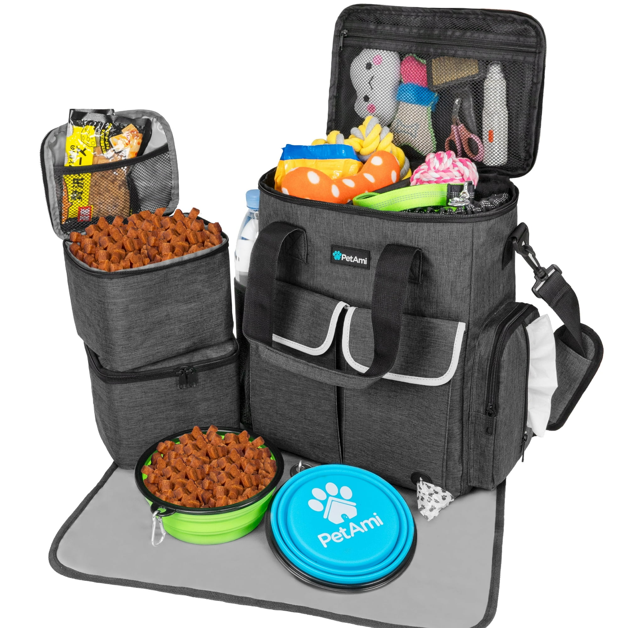 PetAmi Dog Travel Bag Pet Supplies Accessories Organizer For Traveling, Camping, Weekend; Cat Pet Travel Bag Kit includes 2 Food Storage Containers, 2 Collapsible Bowls, 1 Feeding Mat (Dark Gray)