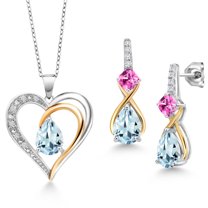 Gem Stone King 925 Sterling Silver and 10K Yellow Gold Sky Blue Aquamarine Pink Created Sapphire and White Lab Grown Diamond Pendant Necklace Earrings Set for Women (3.46 Cttw, with 18 inch Chain)