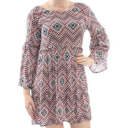 WILLIAM RAST Womens Brown Printed Bell Sleeve Jewel Neck Above The Knee Baby Doll Dress Size: M