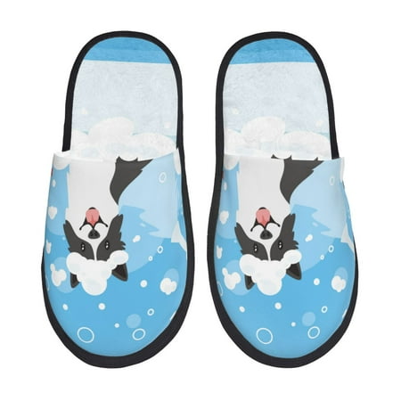 Balery Collie in Bathtub Slient Indoor Furry Fleece Comfort House Shoes Soft Non-Slip Home Shoes Cotton slippers House Slippers-- Medium