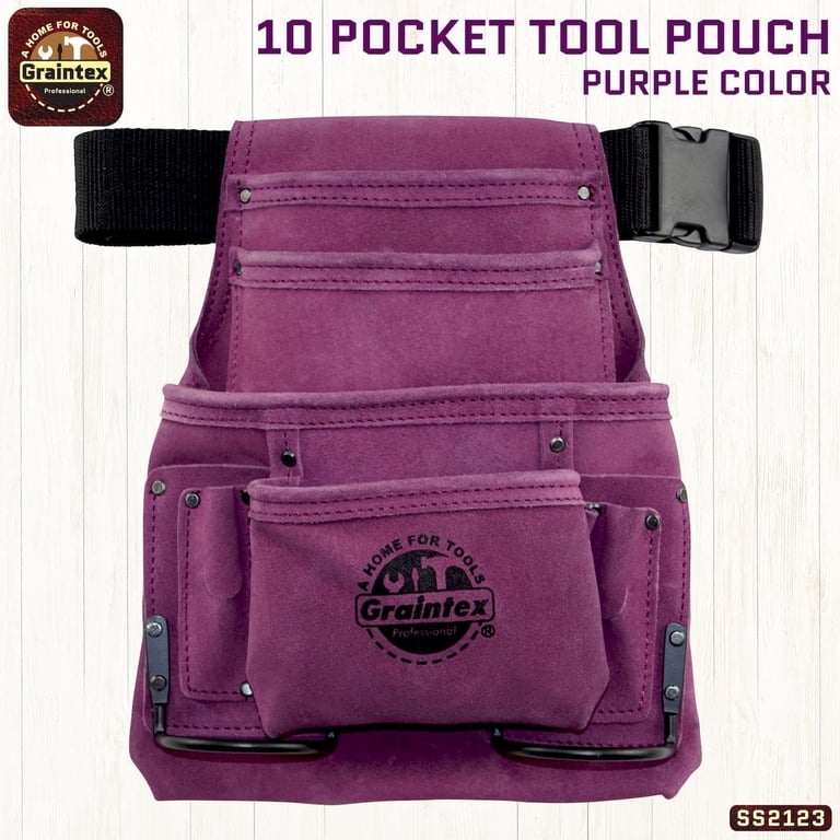 Graintex 10-Pocket Nail & Tool Pouch – Genuine Suede Leather, Purple, 2” Webbing Belt, Double-Stitched & Riveted – For Construction, Electrical, Plumbing, Handyman Use