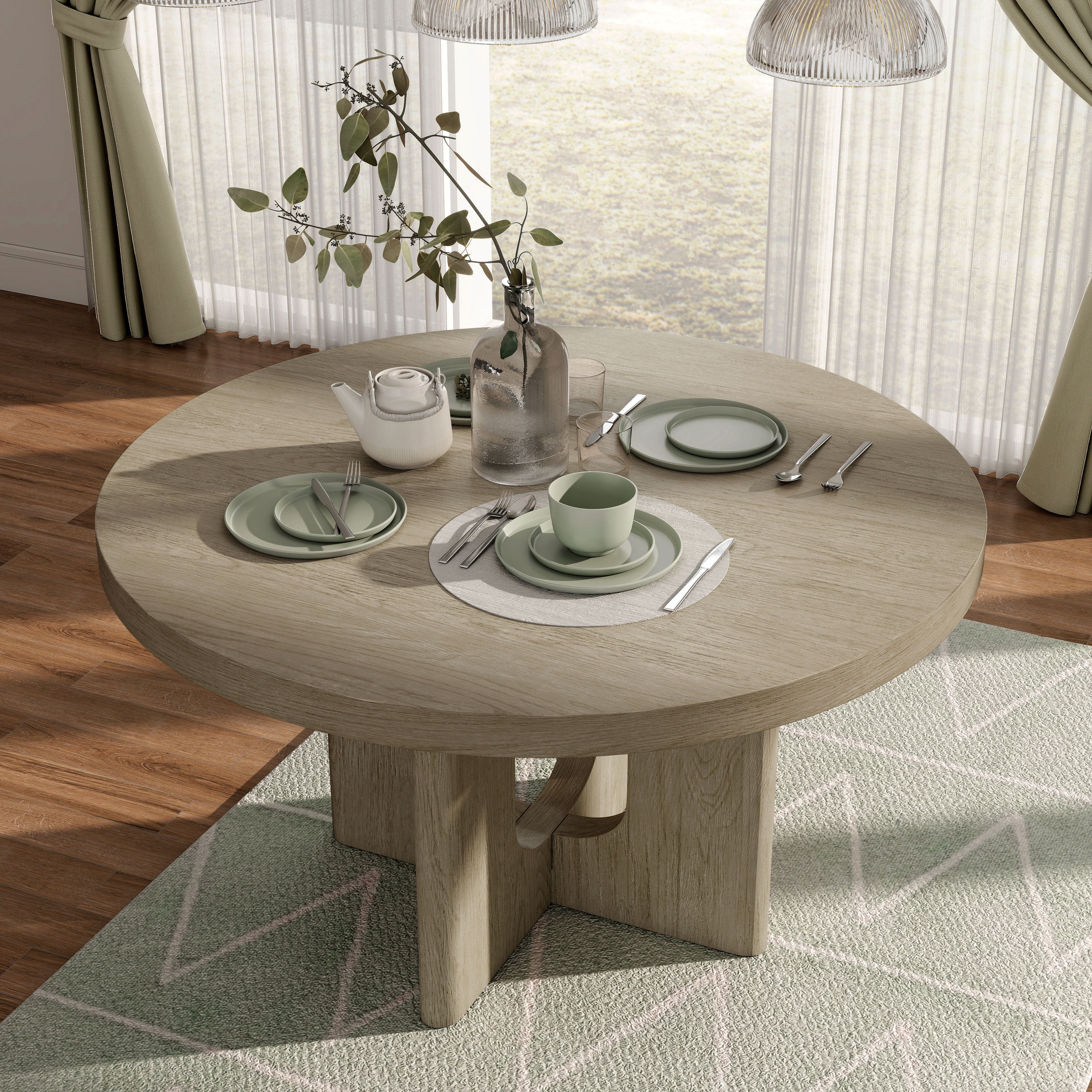 Furniture of America Cheri 54" Solid Wood Round Indoor Dining Table, White Oak