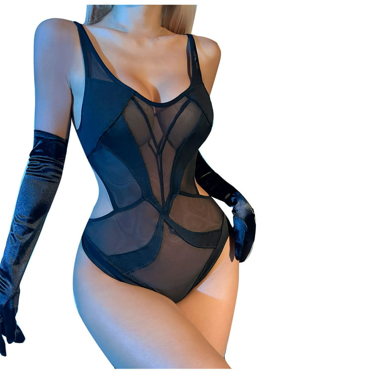 Women's Sexy Mesh Sheer See-Through Bodysuit One Piece Lingerie
