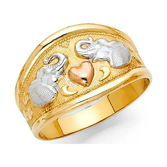 14k Tri Color Solid Gold Lucky Elephant & Heart Charm Ring 11mm