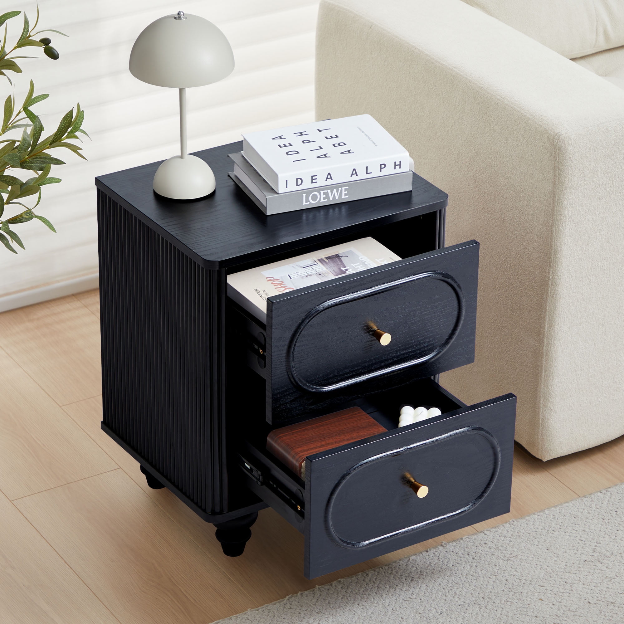 Wirrytor 2 Drawer Nightstand Set of Two, Mid Century Modern Bedside Table with Fluted Sides, Small End Table for Bedroom, Space Saving Storage Cabinet for Small Spaces, Black
