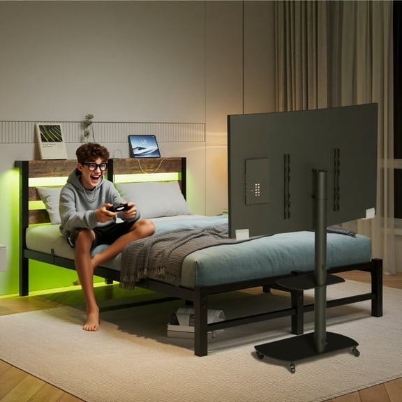 LUMAMIN Full Size Gaming Bed, Metal Mesh Bed Frame Set with Mobile TV Stand and LED Light, Height Adjustable & Swivel Mount for 32-65 Inch TVs