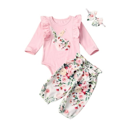 

Tregren Infant Baby Girl Clothes Set Long Sleeve Bunny Bodysuit Tops +Bow Floral Pants Headband 3PCS Set