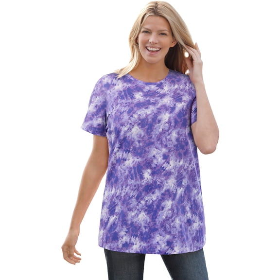 Woman Within Plus Size Perfect Printed Short-Sleeve Shirred V-Neck Tunic