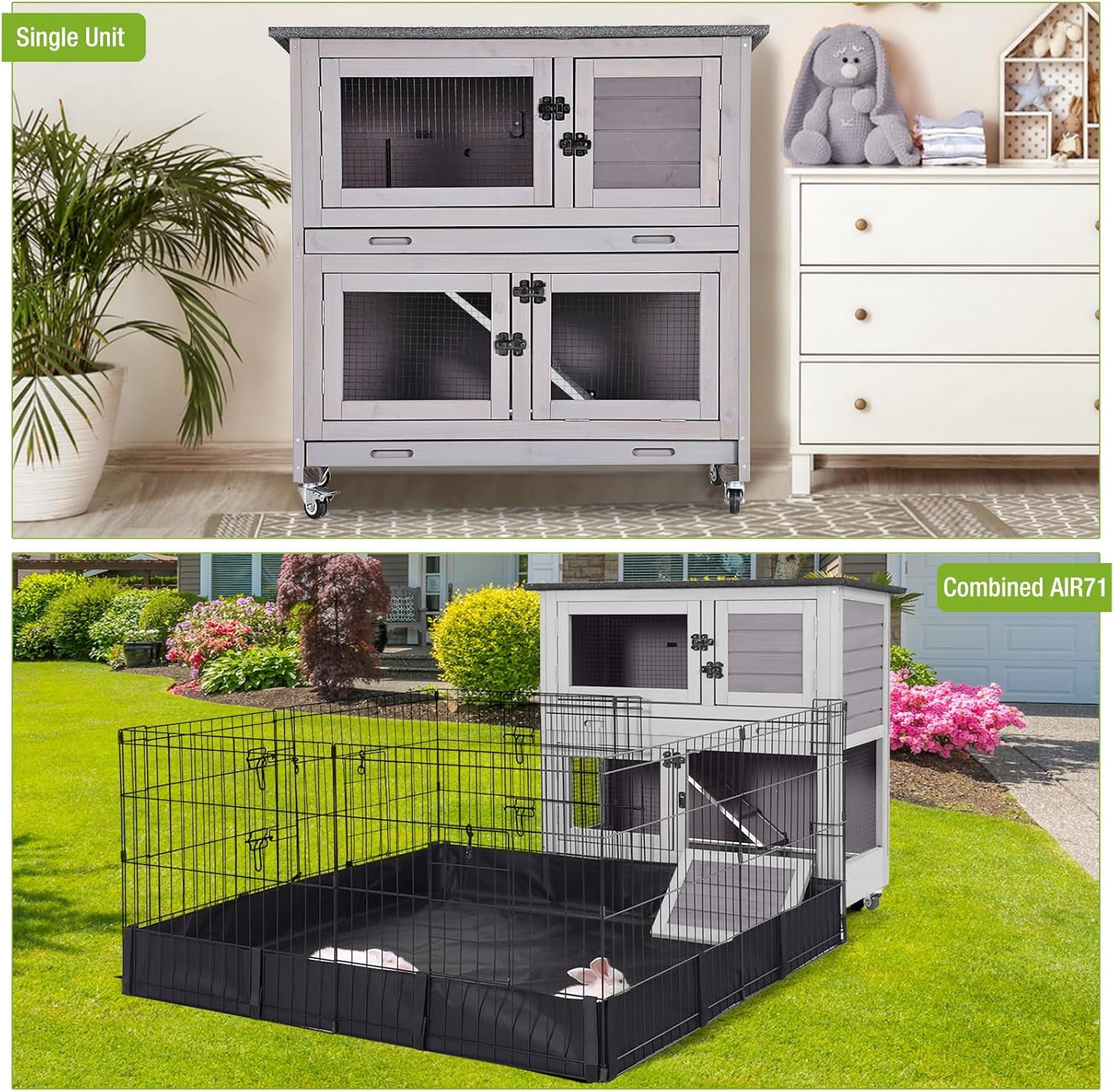 MEDEHOO Rabbit Hutch Indoor with Chew-Proof Design, Wooden Bunny Cage Outdoor Guinea Pig Cages with Wheels, Leak-Proof Trays for Rabbits, Guinea Pigs, Small Animals