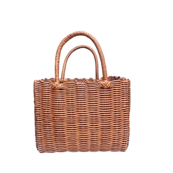 Brown Woven Handbag, Medium Handmade Straw Tote Bag with Matching Handle, Rattan Weave Summer Beach Purse for Women, Stylish Bamboo Woven Handbag for Travel and Vacation, 1